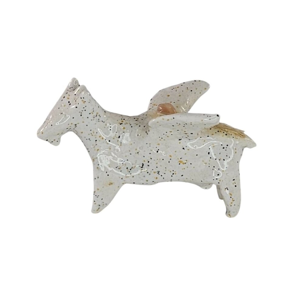 Handcrafted Ceramic Zuni Fetish Goat Sheep Figurine With Feather Stone Speckled
